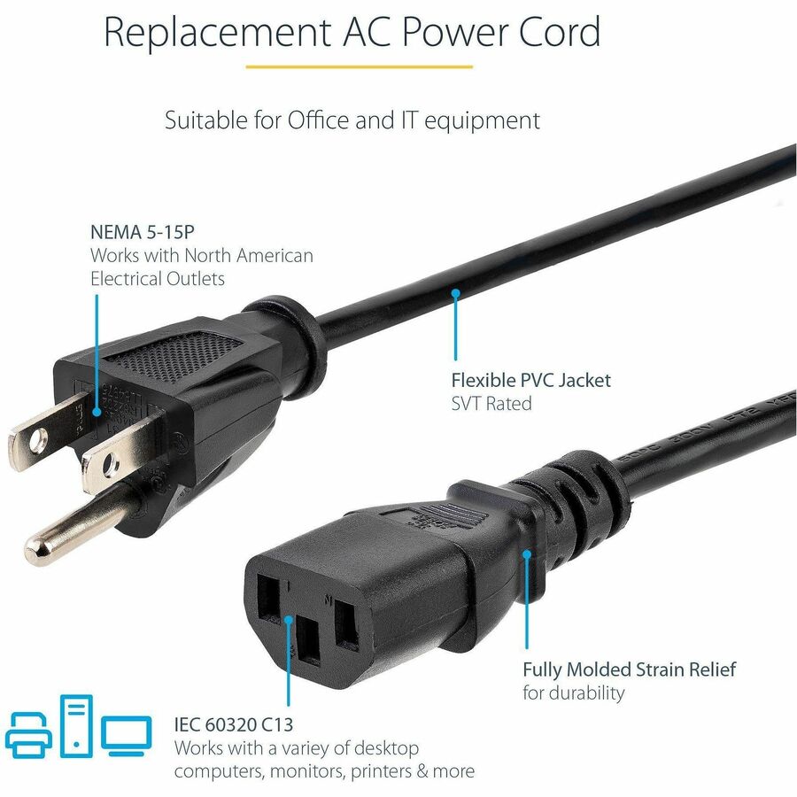 StarTech.com 6ft 1(1.8m) Computer Power Cord, NEMA 5-15P to C13, 10A 125V, 18AWG, Black Replacement AC PC Power Cord, TV/Monitor Power Cable