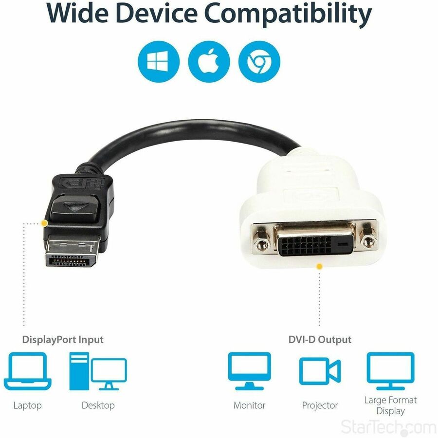 StarTech.com DisplayPort to DVI Adapter, DisplayPort to DVI-D Adapter/Video Converter 1080p, DP 1.2 to DVI Monitor, Latching DP Connector