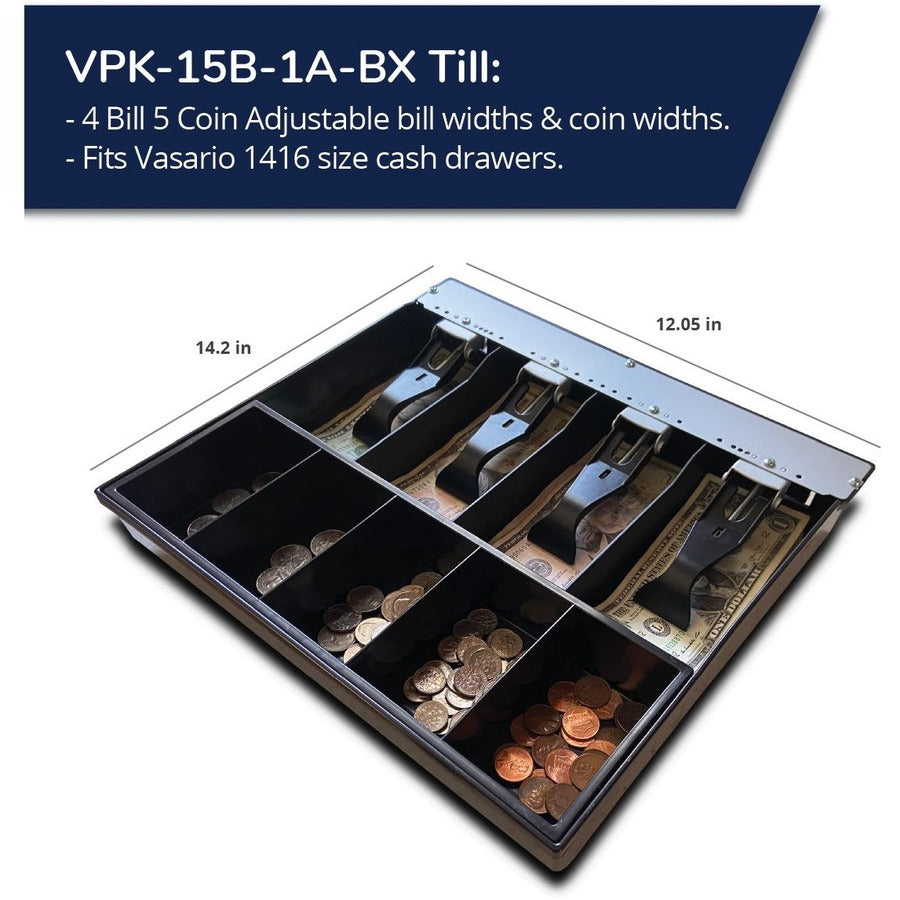 apg® Vasario Series Cash Drawer Replacement Tray | Plastic Molded Till for Cash Register| 4 Bill/ 5 Coin Compartments | 12.7" x 11.7" x 2.2" | VPK-15B-1A-BX