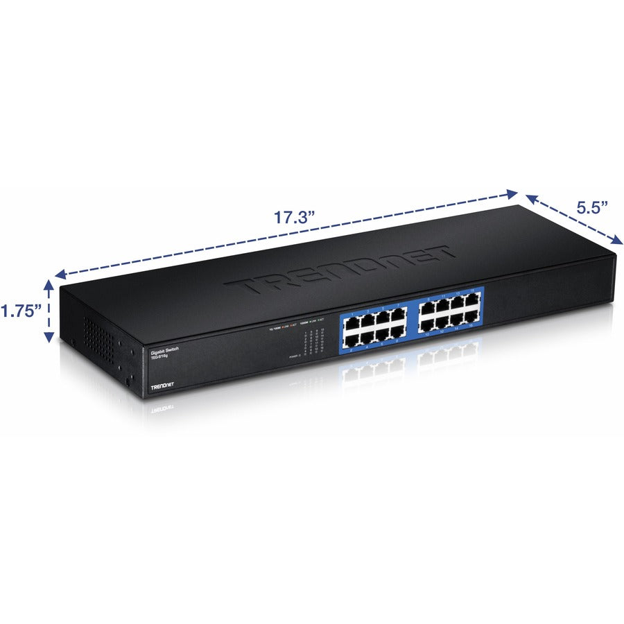 TRENDnet 16-Port Unmanaged Gigabit GREENnet Switch, 16 x RJ-45 Ports, 32Gbps Switching Capacity, Fanless, Rack Mountable, Network Ethernet Switch, Lifetime Protection, Black, TEG-S16G