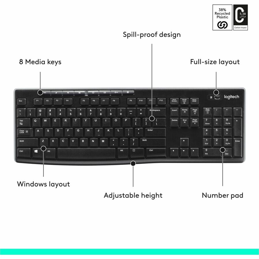 Logitech K270 Wireless Keyboard for Windows, 2.4 GHz Wireless, Full-Size, Number Pad, Black