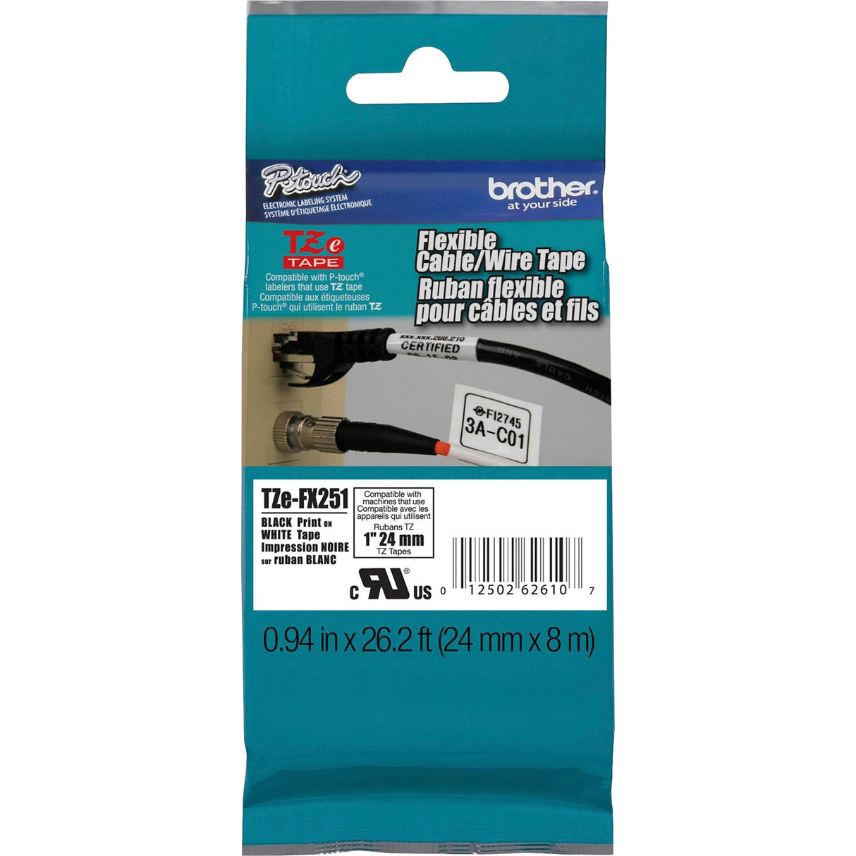 P-touch 1" Black on White Flexible ID Tape