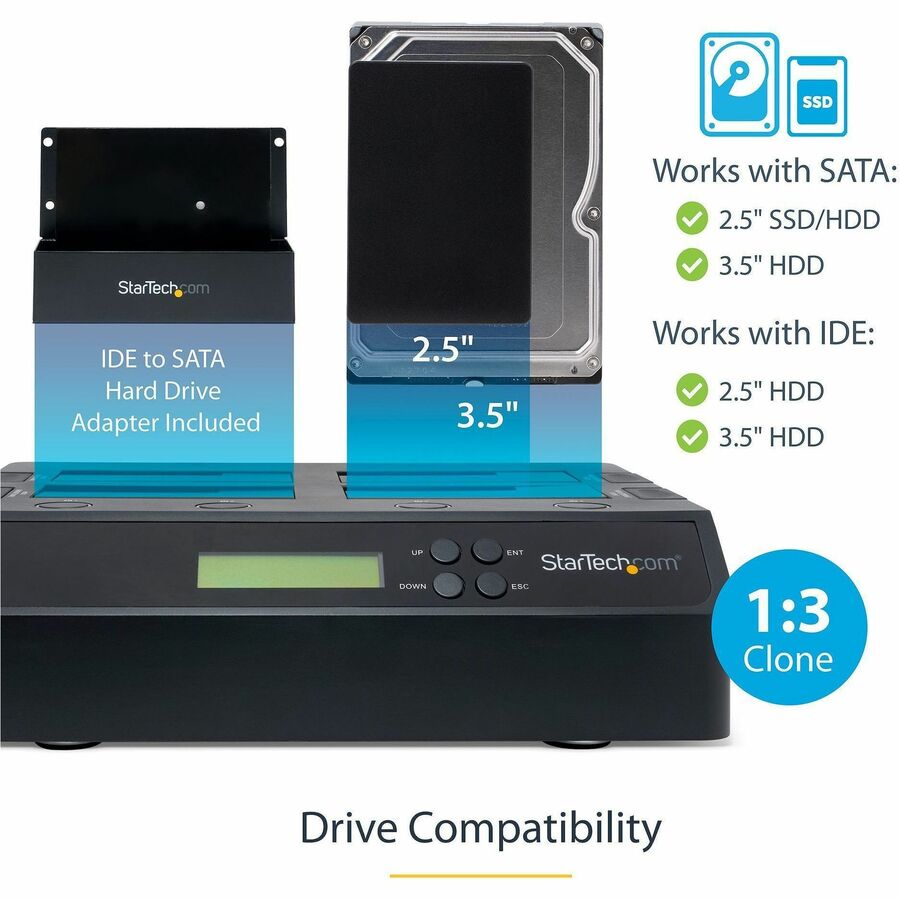 StarTech.com 4-Bay Hard Drive Duplicator and Eraser, External HDD/SSD Cloner / Copier / Wiper Tool, USB 3.0/eSATA to SATA Docking Station
