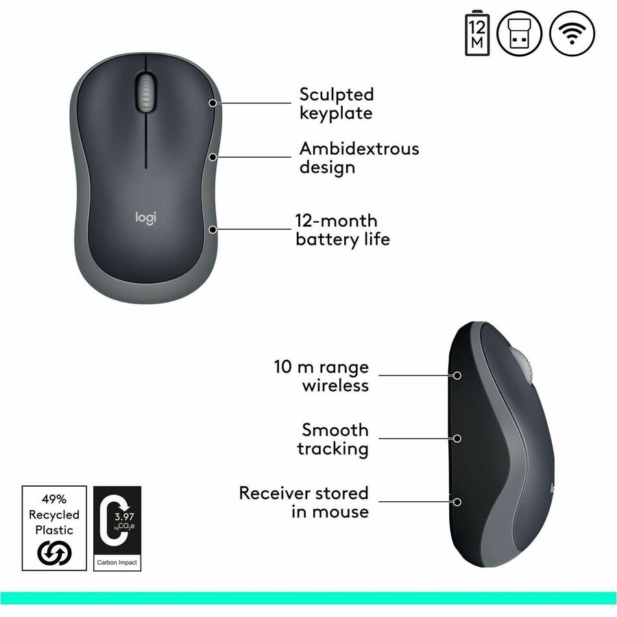 Logitech M185 Wireless Mouse, 2.4GHz with USB Mini Receiver, 1000 DPI Optical Tracking, Swift Grey