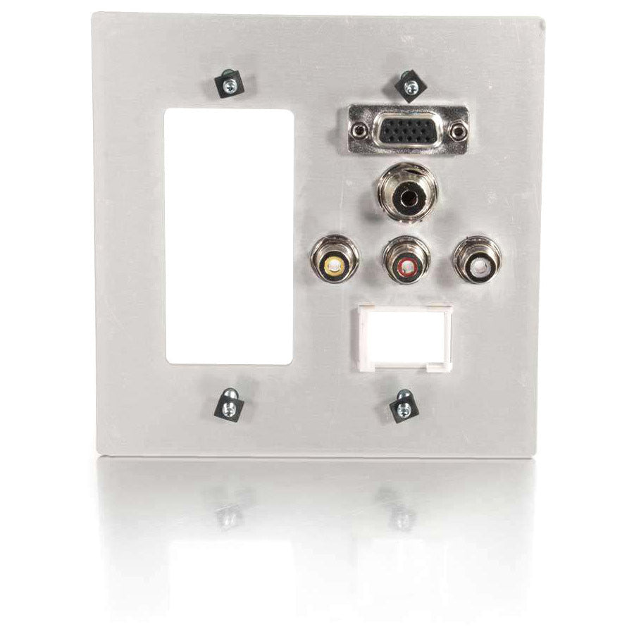 C2G VGA, 3.5mm Audio, Composite Video and RCA Stereo Audio Pass Through Double Gang Wall Plate with One Decorative Style Cutout and One Keystone - Brushed Aluminum