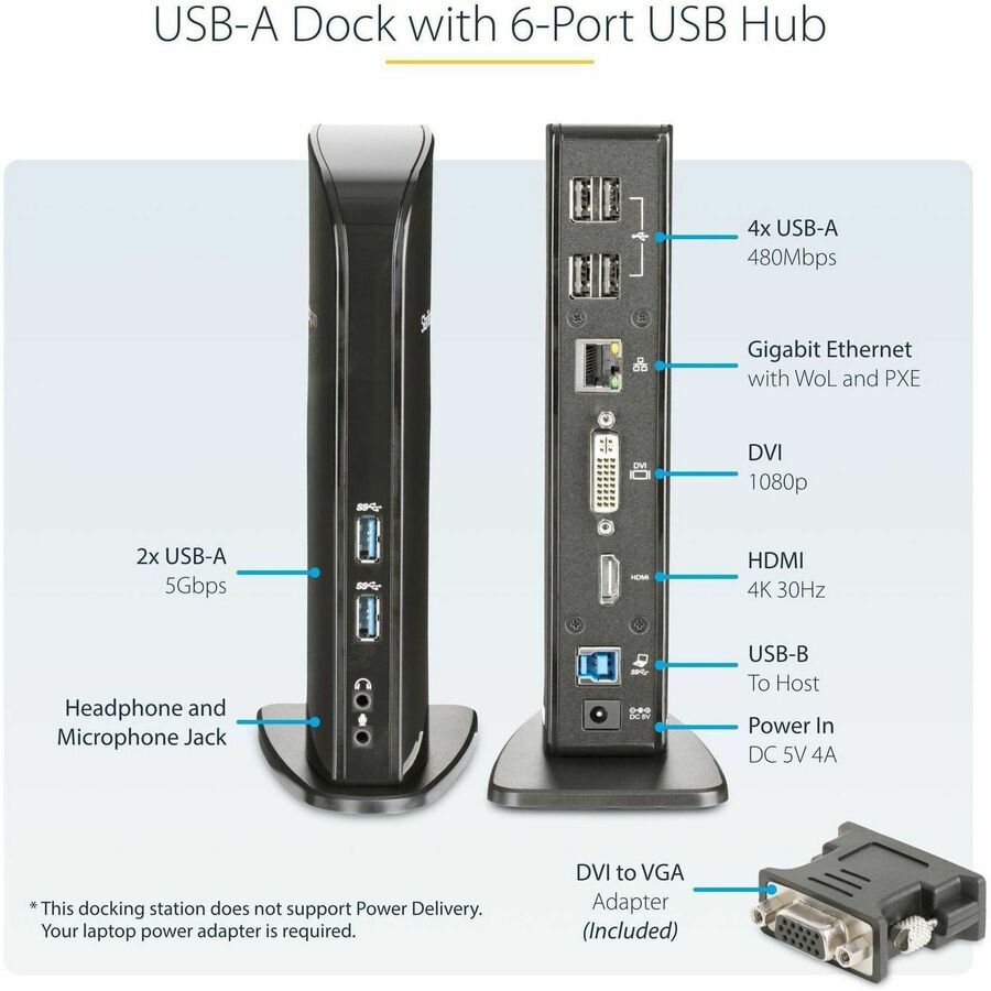 StarTech.com USB 3.0 Docking Station - Compatible with Windows / macOS - Supports Dual Displays - HDMI and DVI - DVI to VGA Adapter Included - USB3SDOCKHD