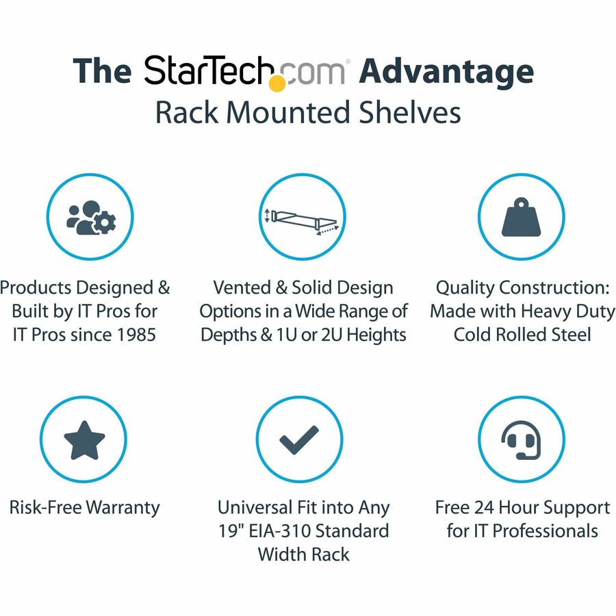StarTech.com 2U 22in Vented Rack Mount Shelf - Fixed 22 inch Deep antilever Rackmount Tray for Server Rack Cabinet Shelf - 50lbs / 23kg