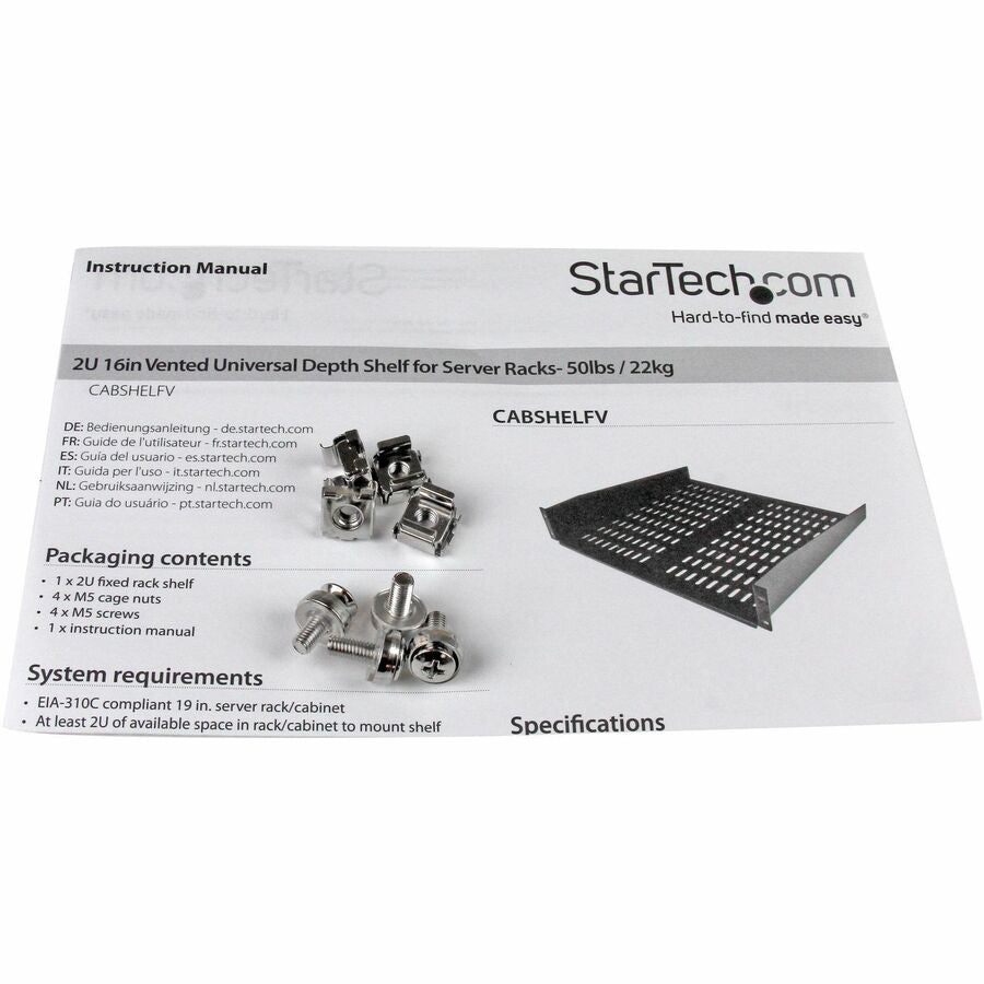 StarTech.com 2U 16in Universal Vented Rack Mount Cantilever Shelf - Fixed Server Rack Cabinet Shelf - 50lbs / 23kg