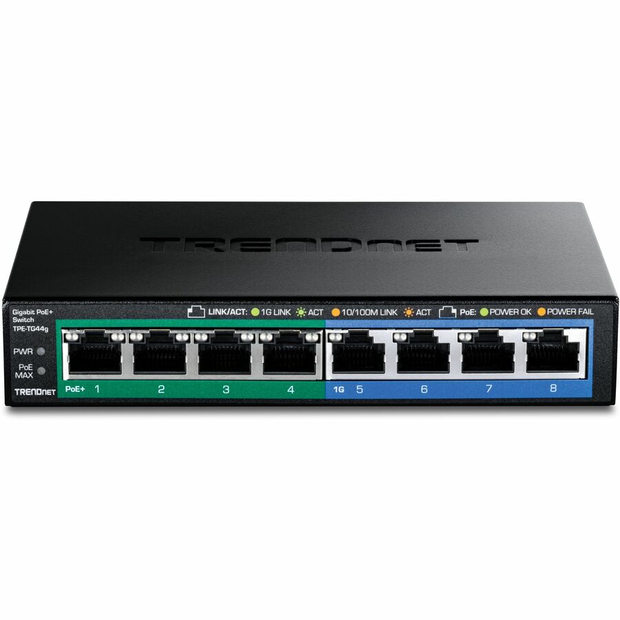 TRENDnet 8-Port Gigabit GREENnet PoE+ Switch, 4 x Gigabit PoE-PoE+ Ports, 4 x Gigabit Ports, 61W Power Budget, 16 Gbps Switch Capacity, Ethernet Unmanaged Switch, Lifetime Protection, Black, TPE-TG44G