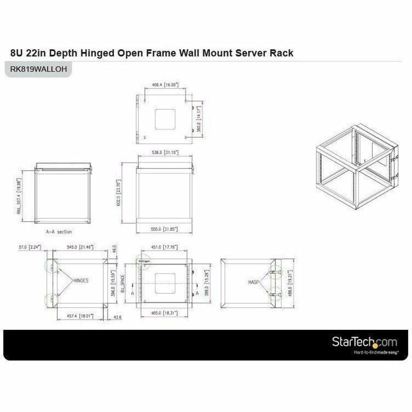 StarTech.com 4-Post 8U Hinged Wall-Mount Network Rack, 19" Open Frame Server Rack, Wall Mount Data Rack for IT Computer Equipment, TAA~