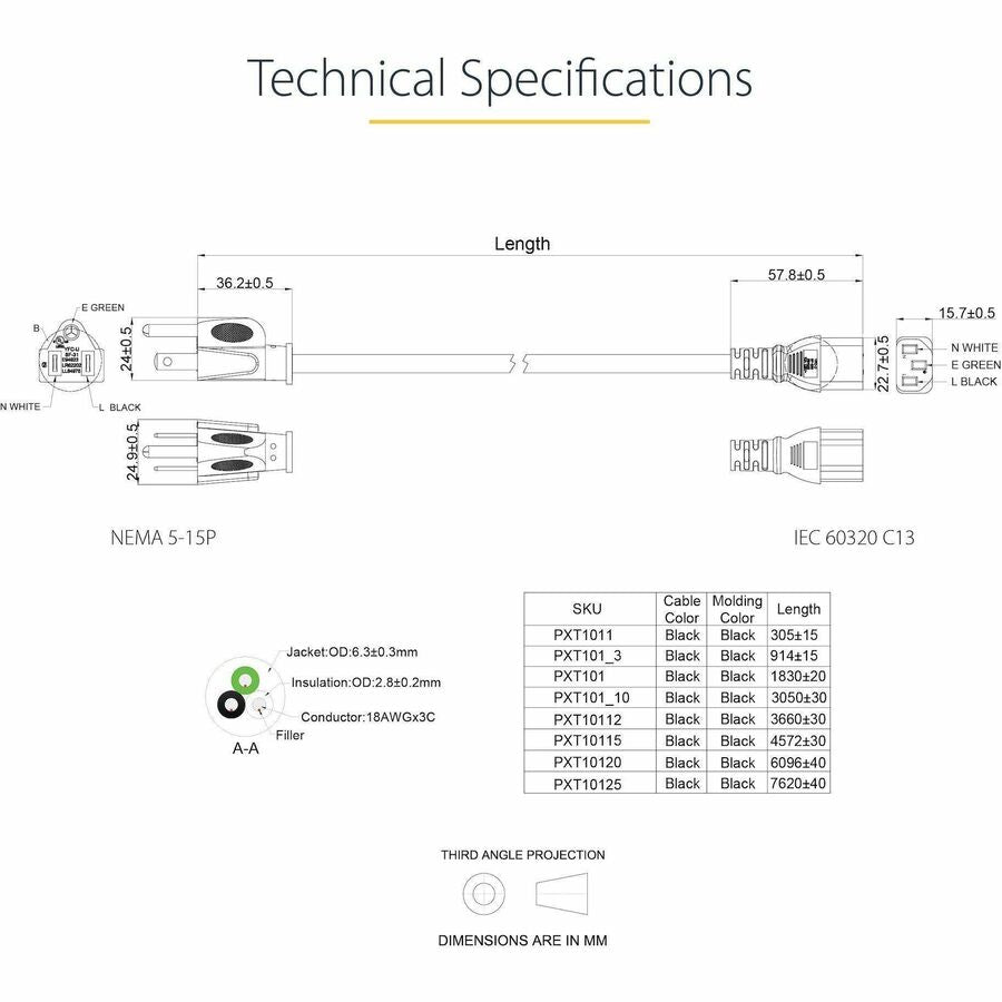StarTech.com 12ft (3.6m) Computer Power Cord, NEMA 5-15P to C13, 10A 125V 18AWG, Black Replacement AC PC Power Cord TV/Monitor Power Cable
