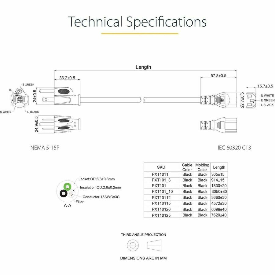 StarTech.com 10ft (3m) Computer Power Cord, NEMA 5-15P to C13, 10A 125V, 18AWG, Black Replacement AC PC Power Cord, TV/Monitor Power Cable