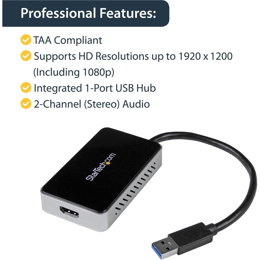 StarTech.com USB 3.0 to HDMI Adapter w/ 1x USB, USB to VGA Monitor Converter for Windows (no support for macOS/ChromeOS/Linux) - TAA