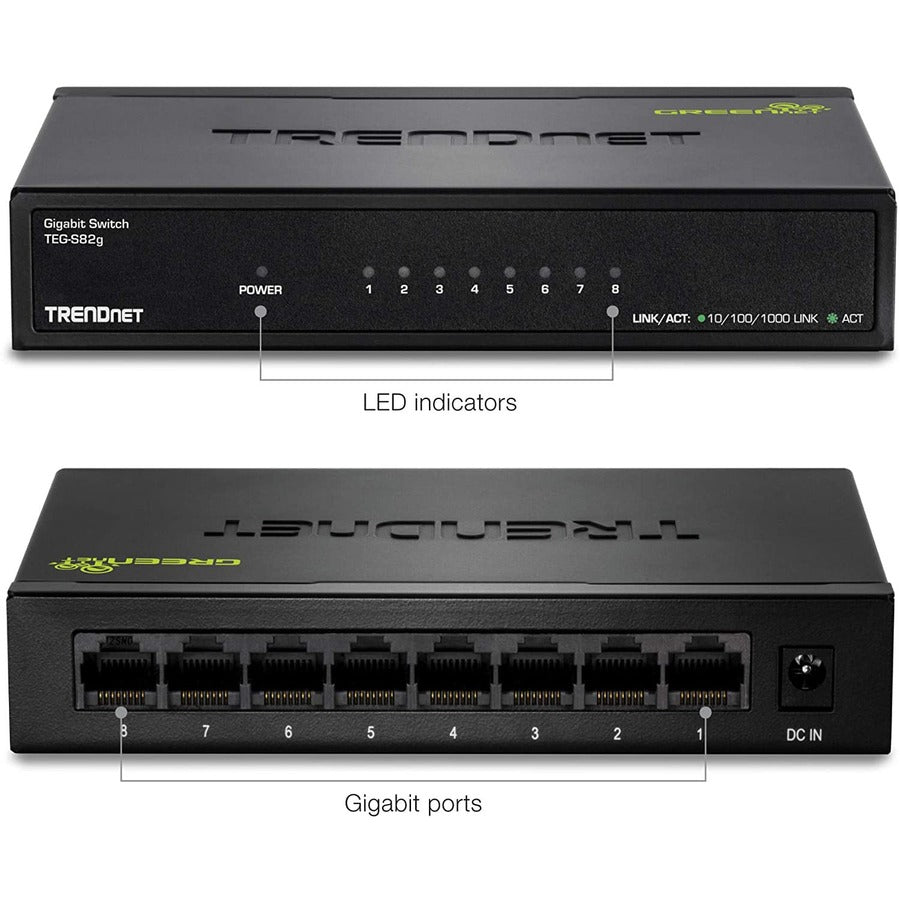 TRENDnet 8-Port Gigabit GREENnet Switch, Ethernet Network Switch, TEG-S82G, 8 x 10-100-1000 Mbps Gigabit Ethernet Ports, Ethernet Splitter, 16 Gbps, Metal, Lifetime Protection, Black