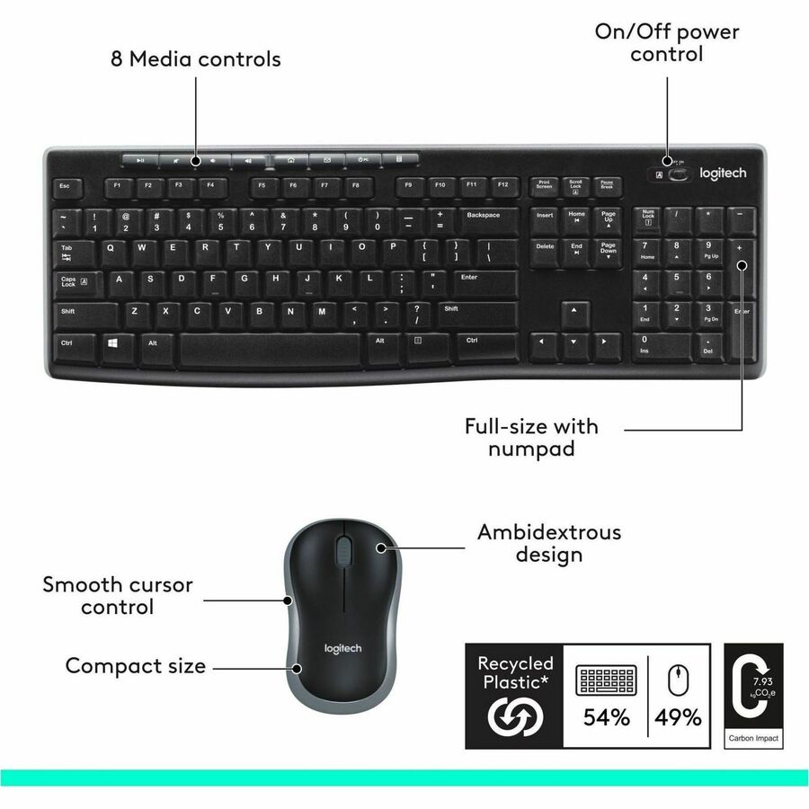 Logitech MK270 Wireless Keyboard and Mouse Combo for Windows, 2.4 GHz Wireless, Compact Mouse, Black