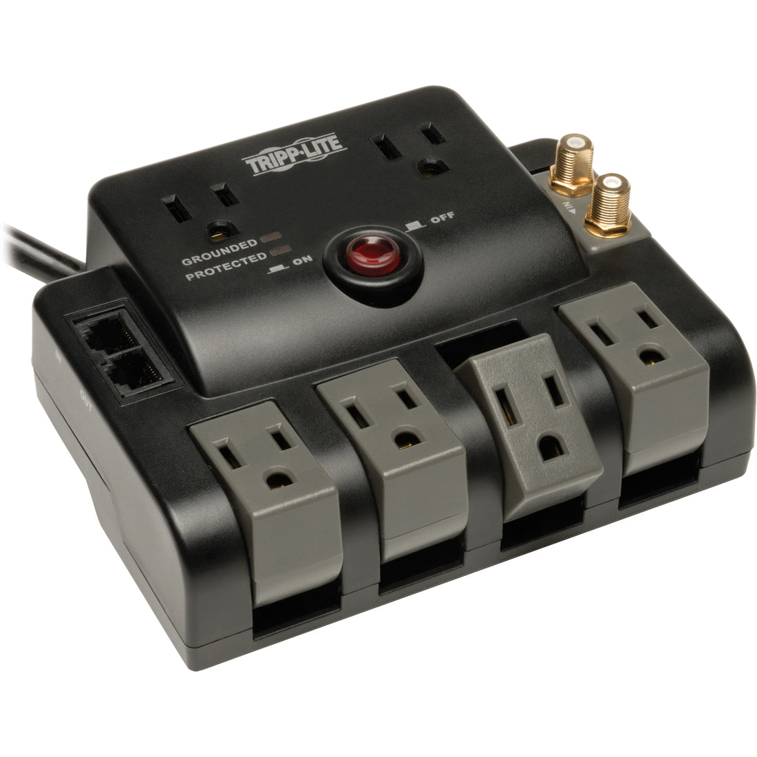 Eaton Tripp Lite Series Protect It! 6-Outlet Surge Protector - 4 Rotating Outlets, 5-15P Input, 1440 Joules, Tel/Modem/Coax Protection, Black