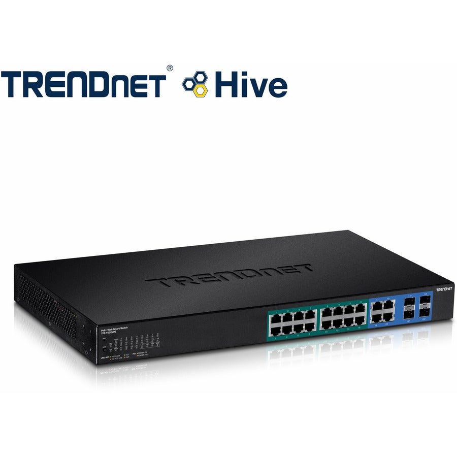 TRENDnet 20-Port Gigabit PoE+ Web Smart PoE+ Switch, 16 x Gigabit PoE+ Ports, 4 x Shared Gigabit Ports, Up To 30W Per Port, 185W Total Power Budget, Rack Mountable, Black, TPE-1620WS