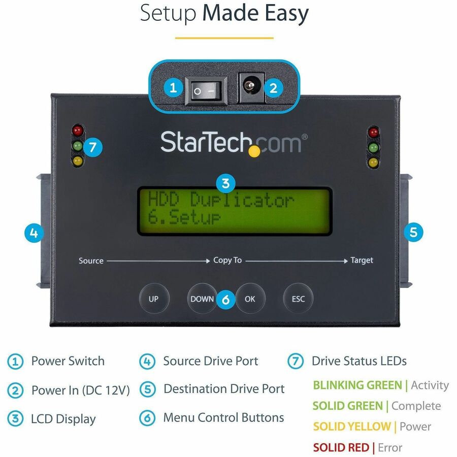 StarTech.com 1:1 Standalone Hard Drive Duplicator & Eraser, SATA HDD / SSD Disk Cloner / Copier / Wiper / Sanitizer, TAA Compliant