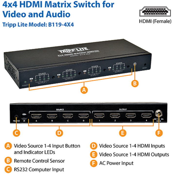 Eaton Tripp Lite Series 4x4 HDMI Matrix Switch with Remote Control - 1080p @ 60 Hz (HDMI 4xF/4xF), TAA