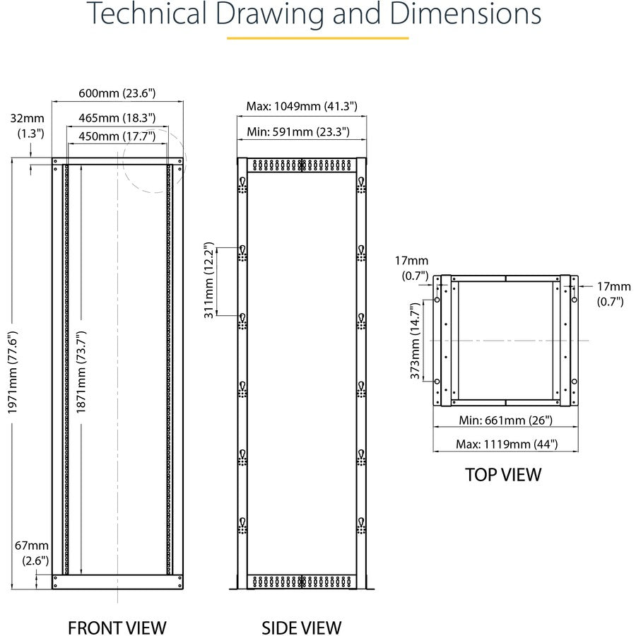 StarTech.com 4-Post 42U Mobile Open Frame Server Rack, 19" Network Rack with Casters, Rolling Rack for Computer/AV/Data/IT Equipment