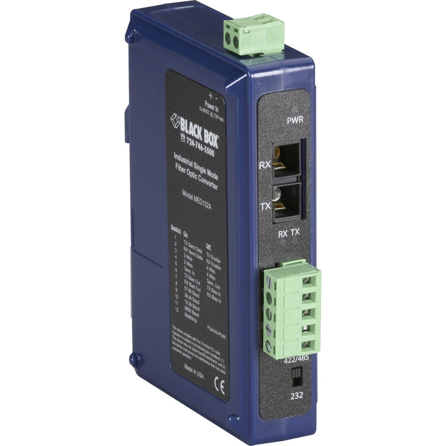 Black Box Industrial DIN Rail RS-232/RS-422/RS-485 Fiber Driver, Single-Mode