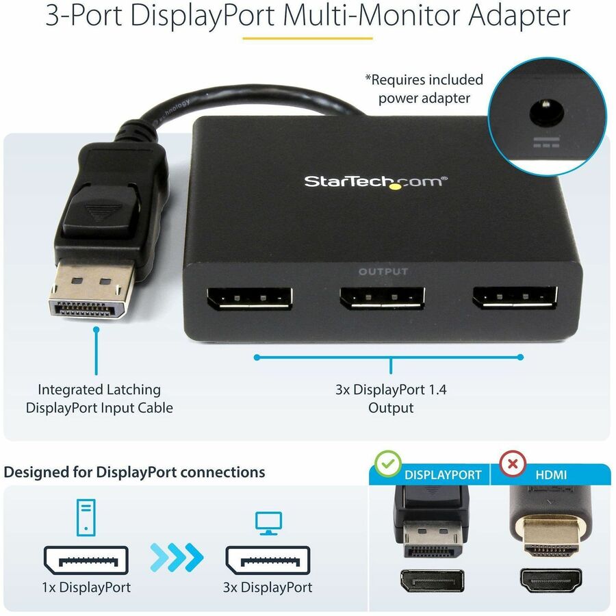 StarTech.com 3-Port DisplayPort 1.2 Splitter, DisplayPort to 3x DP Multi-Monitor Adapter, Dual 4K 30Hz and 1080p Computer MST Hub, Windows
