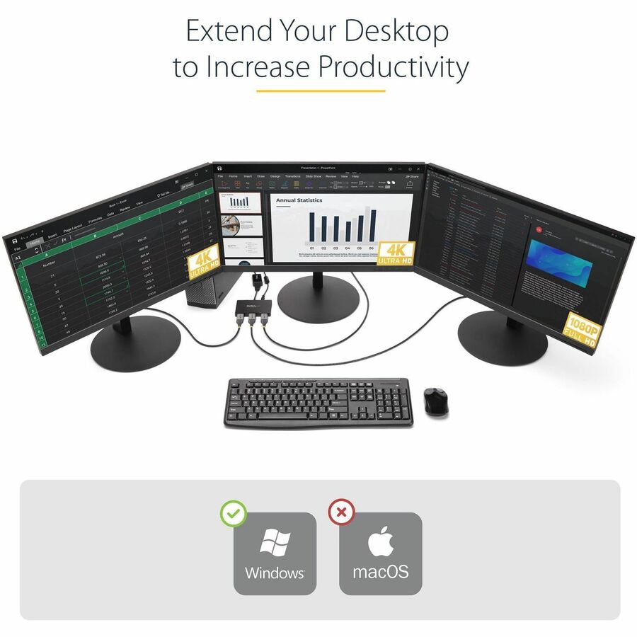 StarTech.com 3-Port DisplayPort 1.2 Splitter, DisplayPort to 3x DP Multi-Monitor Adapter, Dual 4K 30Hz and 1080p Computer MST Hub, Windows