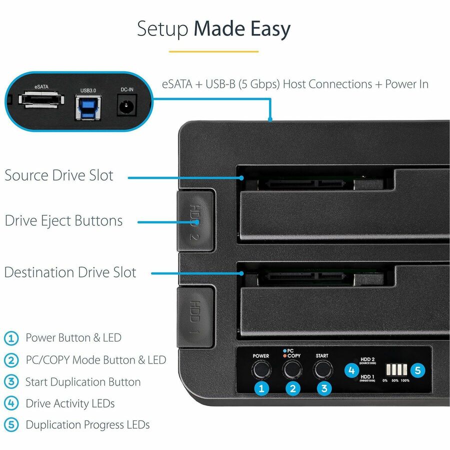 StarTech.com Dual Bay Hard Drive Duplicator Dock, Standalone HDD/SSD Cloner/Copier, USB 3.0 / eSATA to SATA III Hard Drive Cloner