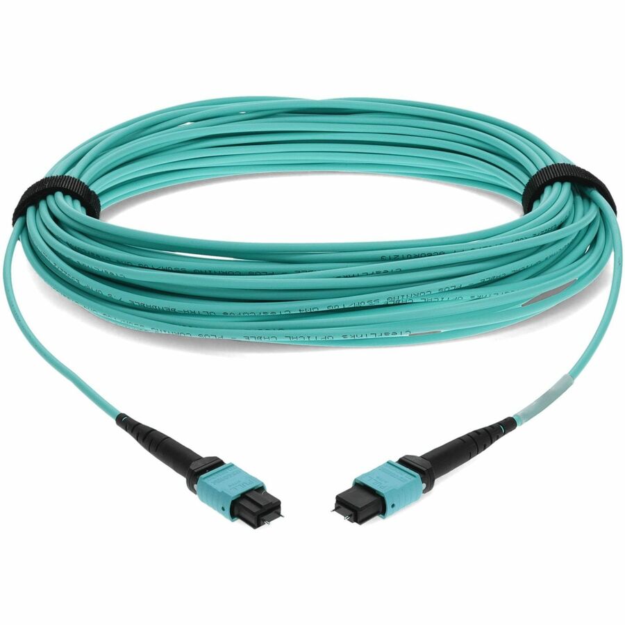 AddOn 50m MPO (Male) to MPO (Male) 12-Strand Aqua OM4 Crossover Fiber OFNR (Riser-Rated) Patch Cable