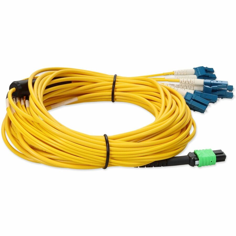 AddOn 5m MPO (Female) to 6xLC (Male) 12-Strand Yellow OS2 Duplex OFNR (Riser-Rated) Fiber Fanout Cable