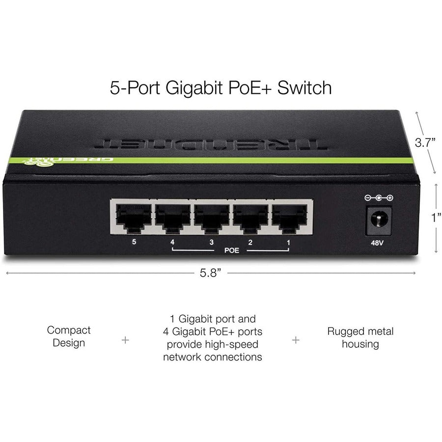 TRENDnet 5-Port Gigabit PoE+ Switch, 31 W PoE Budget, 10 Gbps Switching Capacity, Data & Power Through Ethernet To PoE Access Points And IP Cameras, Full & Half Duplex, Black, TPE-TG50g