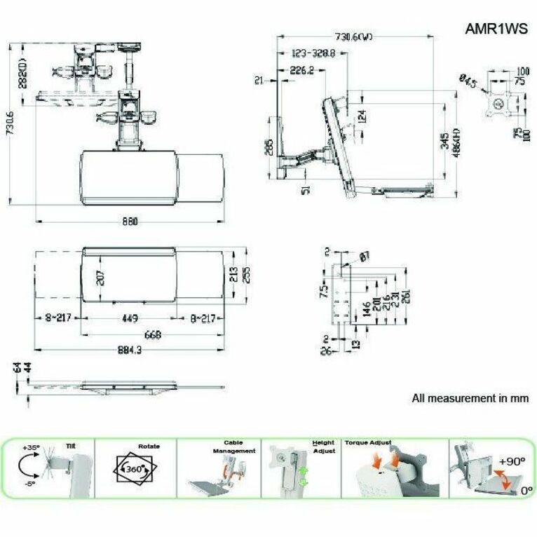 Amer AMR1WS Wall Mount for Flat Panel Display, Monitor, Keyboard, Display - TAA Compliant