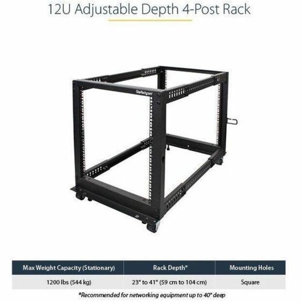 StarTech.com 4-Post 12U Mobile Open Frame Server Rack, 19" Network Rack with Casters, Rolling Rack for Computer/AV/Data/IT Equipment