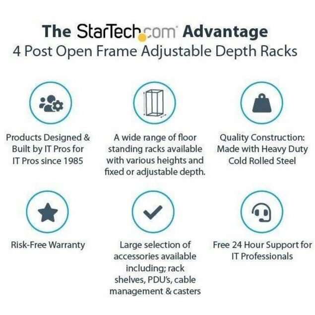 StarTech.com 4-Post 12U Mobile Open Frame Server Rack, 19" Network Rack with Casters, Rolling Rack for Computer/AV/Data/IT Equipment