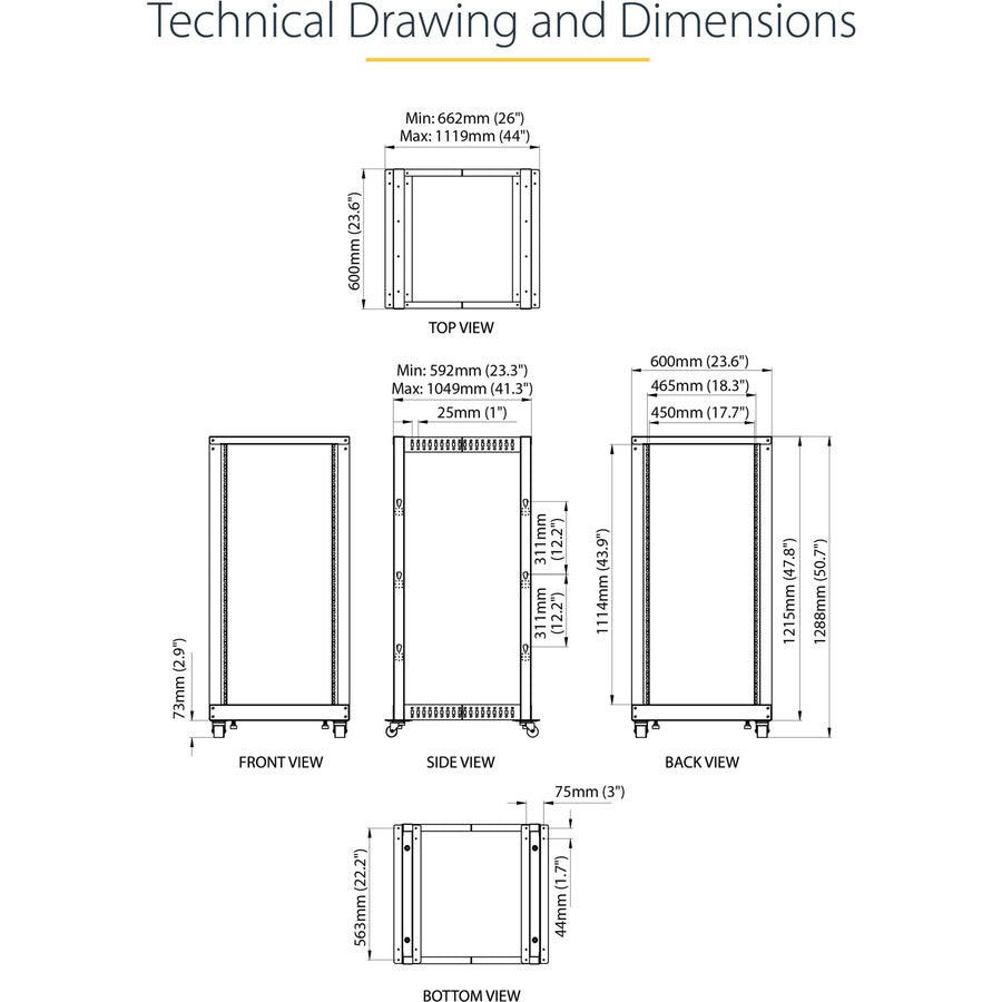 StarTech.com 4-Post 25U Mobile Open Frame Server Rack, 19in Network Rack with Casters, Rolling Rack for Computer/AV/Data/IT Equipment