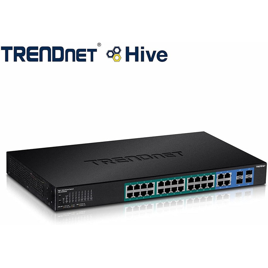 TRENDnet 28-Port Gigabit Web Smart PoE+ Switch, 24 x Gigabit Ports, 4 x Shared Gigabit Ports (RJ-45 or SFP), 185W PoE Budget, 56Gbps Switching Capacity, Lifetime Protection, Black, TPE-2840WS