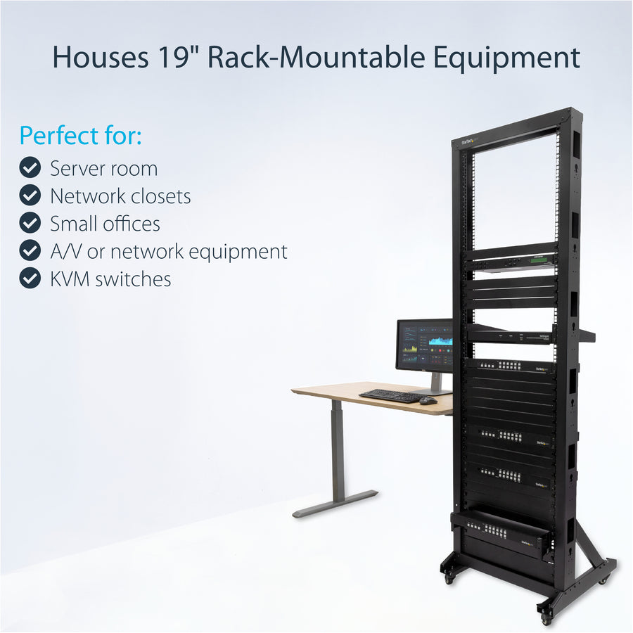 StarTech.com 2-Post 42U Mobile Open Frame Server Rack, Two Post 19in Network Rack with Casters, Rolling Open Rack for AV/Data/IT Equipment