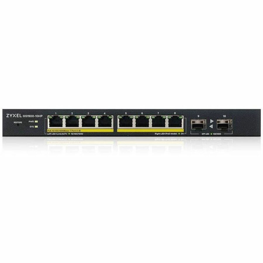 ZYXEL GS1900-10HP 8-Port Gigabit Smart Managed PoE Switch | 8 PoE+ Ports at 77W with 2 SFP Uplinks | Fanless