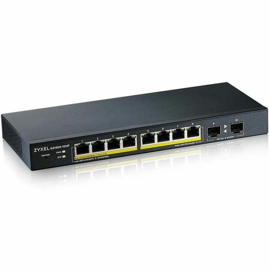 ZYXEL GS1900-10HP 8-Port Gigabit Smart Managed PoE Switch | 8 PoE+ Ports at 77W with 2 SFP Uplinks | Fanless