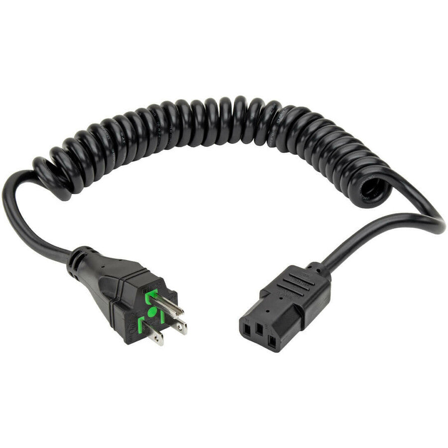 Eaton Tripp Lite Series Hospital-Grade Power Cord, NEMA 5-15P to C13 - Green Dot, 10A, 125V, 18 AWG, 8 ft. (2.43 m) Coiled Cord, Black