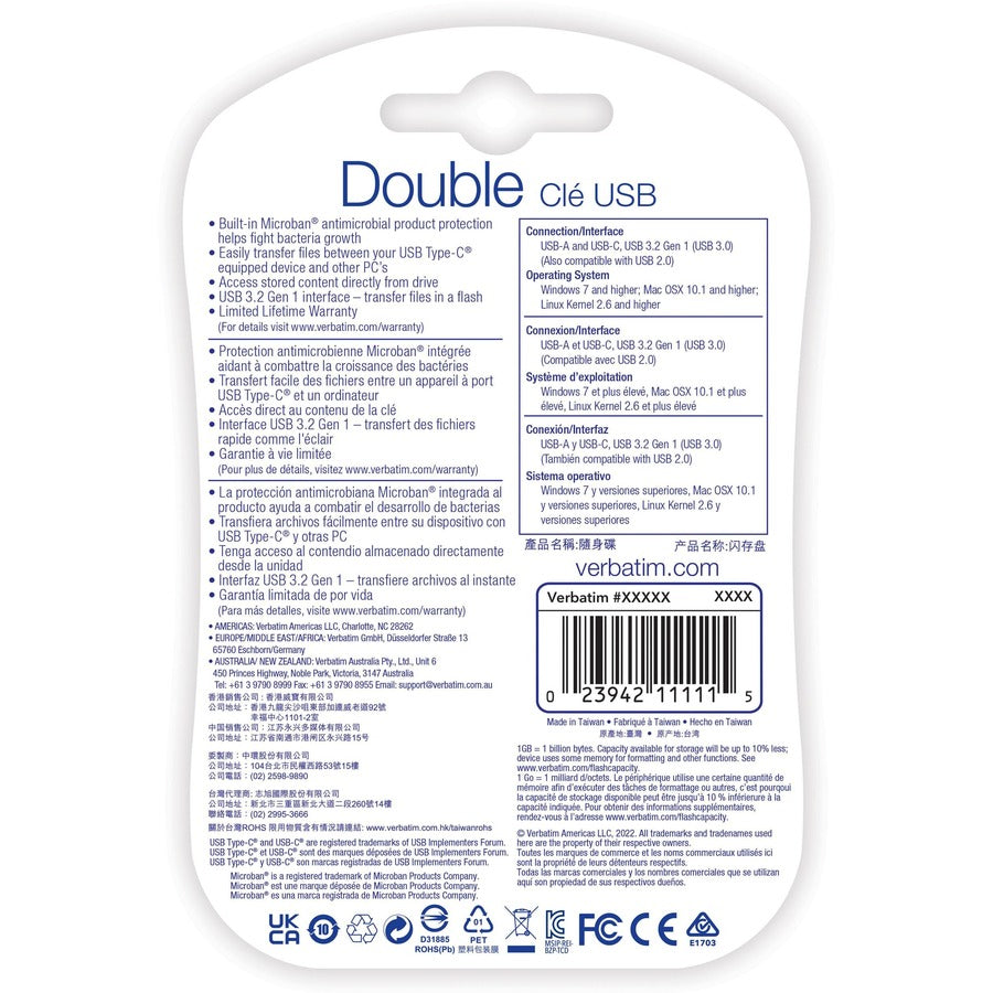 64GB Store 'n' Go Dual USB 3.2 Gen 1 Flash Drive for USB-C™ Devices - Blue