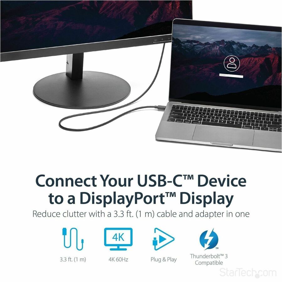 StarTech.com 3ft/1m USB C to DisplayPort 1.2 Cable 4K 60Hz - USB Type-C to DP Video Adapter Monitor Cable HBR2 - TB3 Compatible - Black