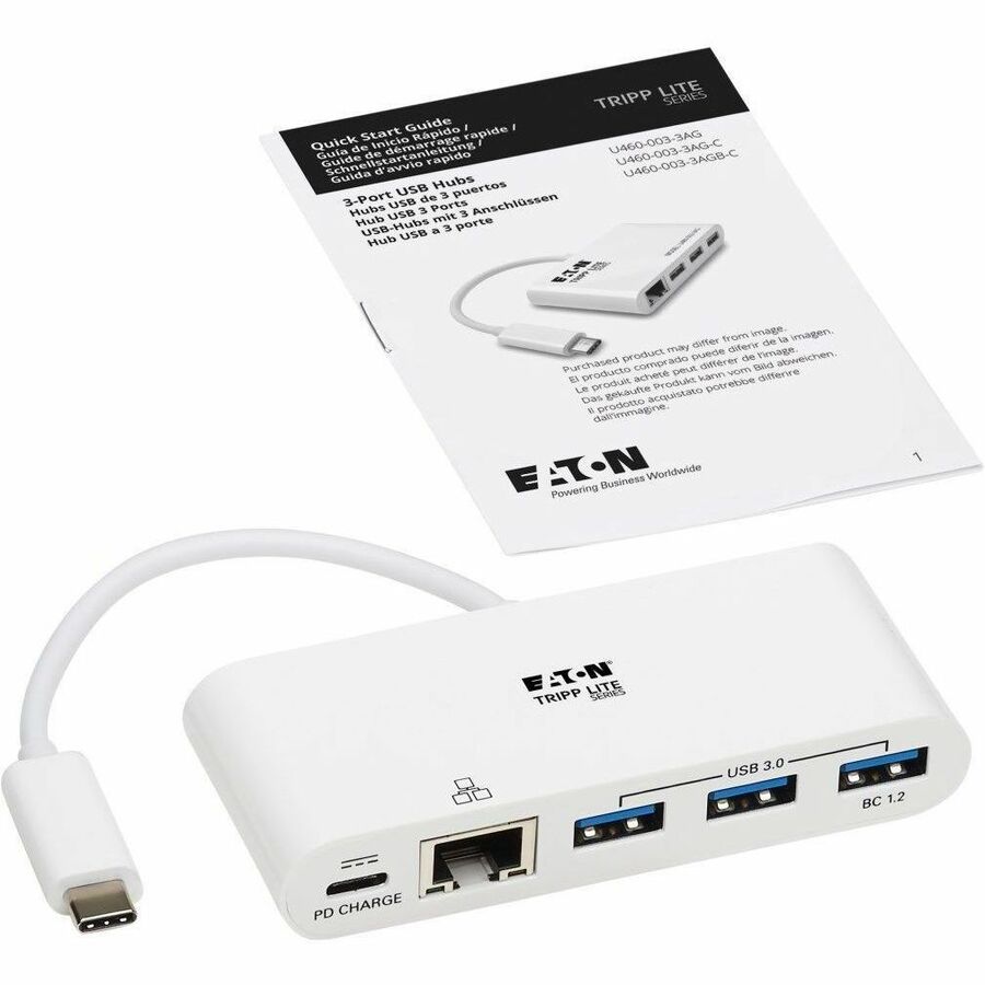 Eaton Tripp Lite Series 3-Port USB-C Hub - USB 3.x (5Gpbs) Hub Ports, Gigabit Ethernet, 60W PD Charging, White