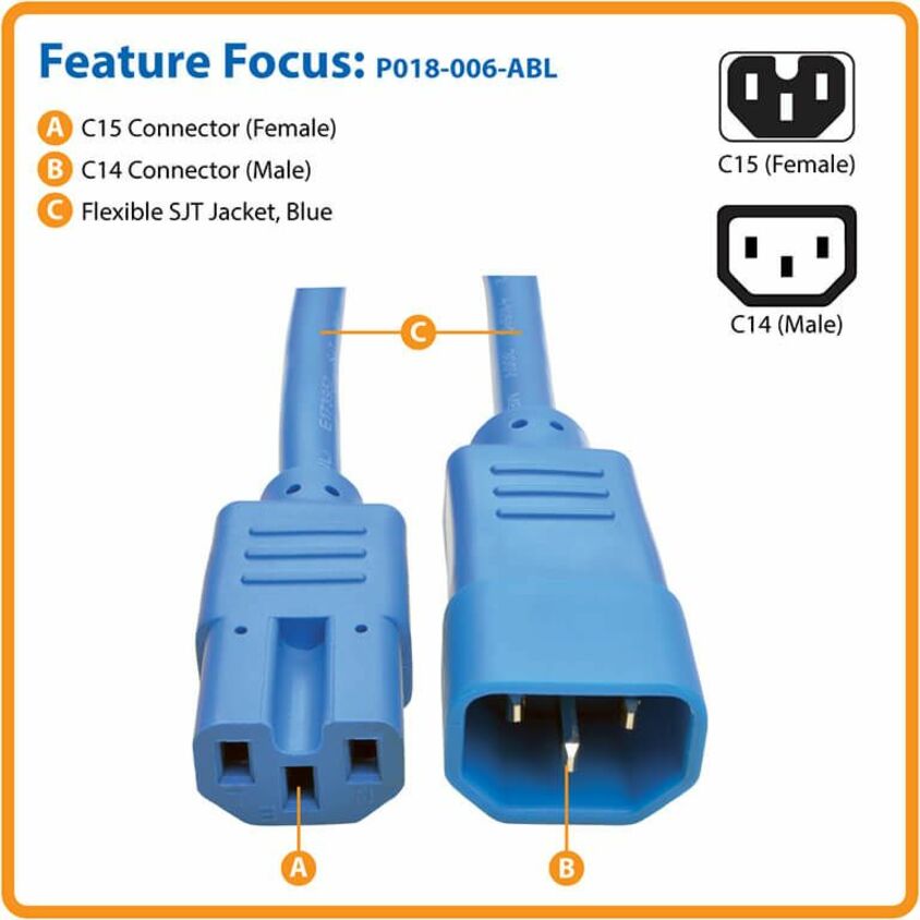Eaton Tripp Lite Series Power Cord C14 to C15 - Heavy-Duty, 15A, 250V, 14 AWG, 6 ft. (1.83 m), Blue