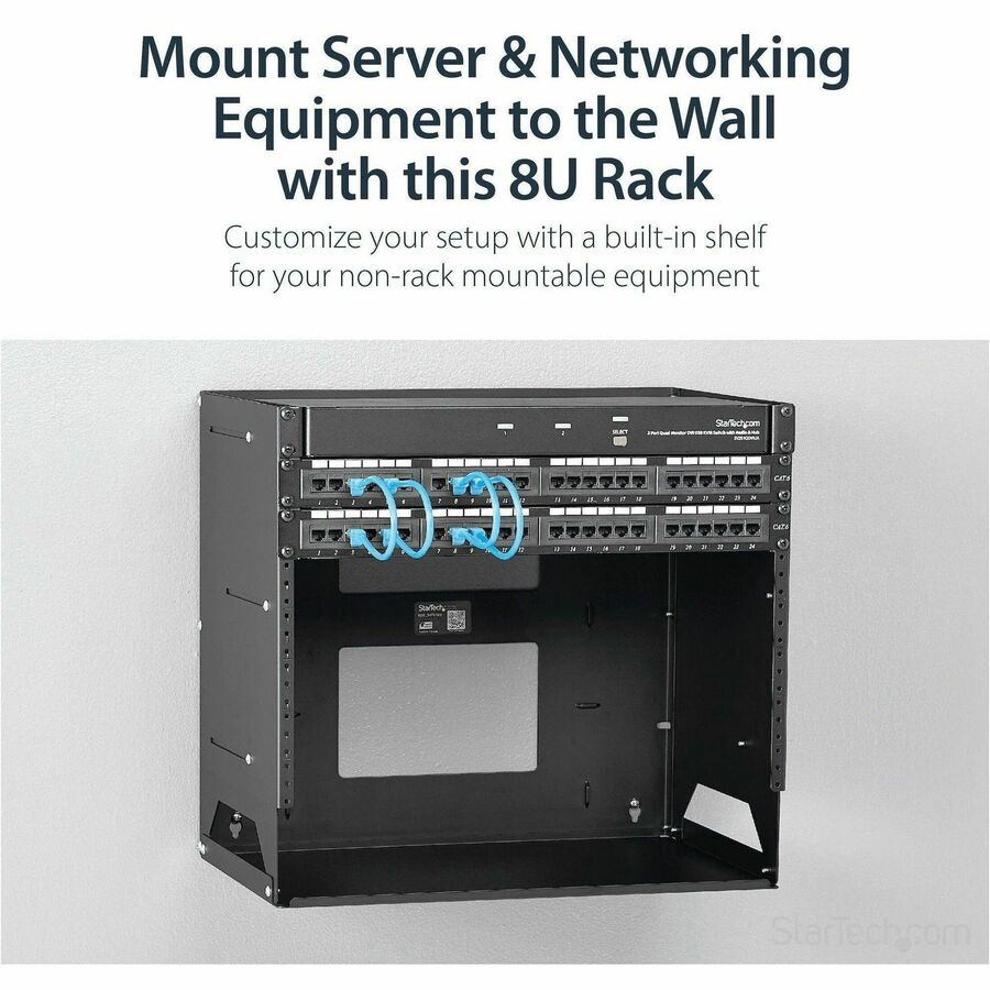 StarTech.com 2-Post 8U Open Frame Wall Mount Network Rack with Built-in Shelf and Adjustable Depth, Computer Rack for IT Equipment, TAA~
