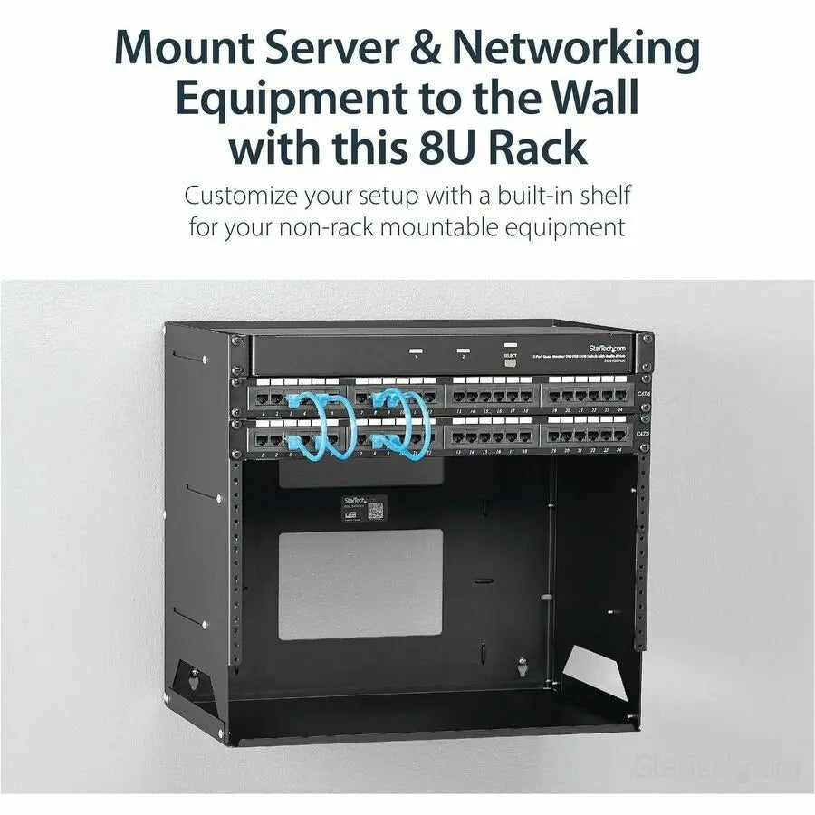 StarTech.com 2-Post 8U Open Frame Wall Mount Network Rack with Built-in Shelf and Adjustable Depth, Computer Rack for IT Equipment, TAA~