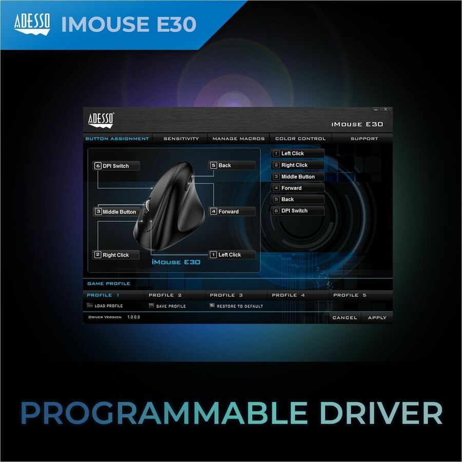 Adesso 2.4 GHz Wireless Vertical Programmable Mouse