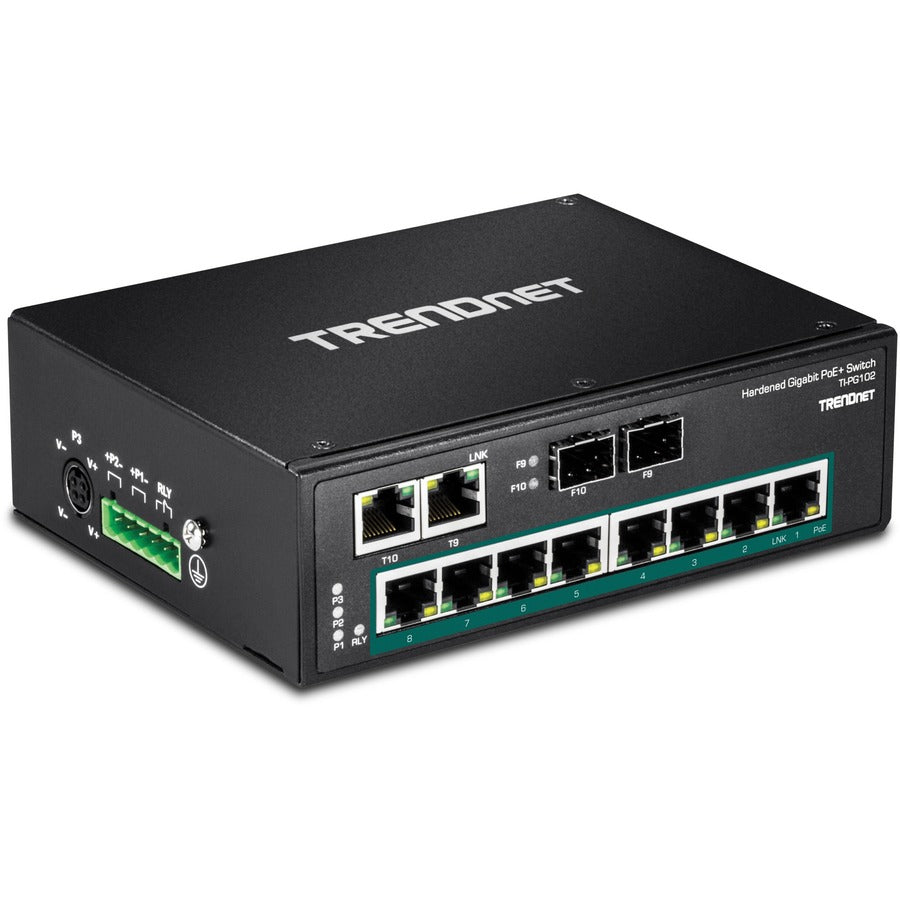 TRENDnet 10-Port Industrial Gigabit PoE+ DIN-Rail Switch, 8 x Gigabit PoE+ Ports, DIN-Rail Mount, 2 x SFP Slots, 240W PoE Power Budget, Network Switch, IP30, QoS, Lifetime Protection, Black, TI-PG102