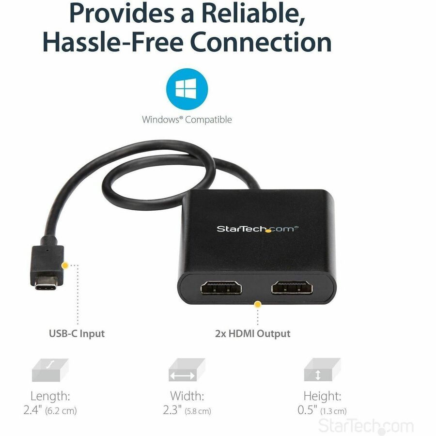 StarTech.com USB-C to Dual HDMI Adapter, USB Type-C Multi-Monitor MST Hub, Dual 4K 30Hz HDMI Laptop Display Extender/Splitter, Windows~