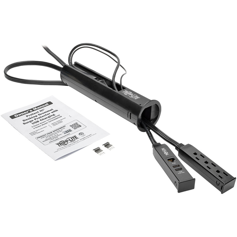 Eaton Tripp Lite Series Protect It! 3-Outlet Desktop-Grommet Surge Protector, 10 ft. Cord, 900 Joules, 2 USB Charging Ports, RJ45, Black Housing